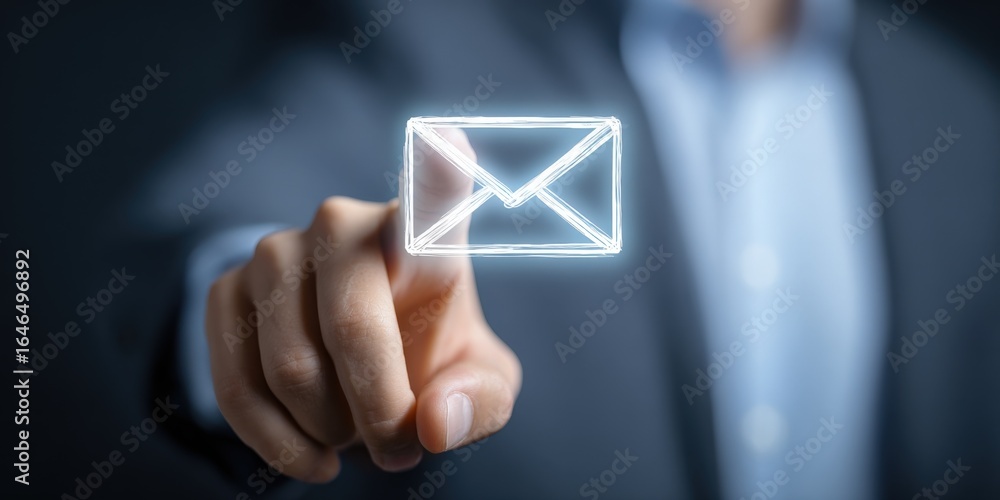Poster man touching glowing email icon on virtual screen, symbolizing digital communication and connection