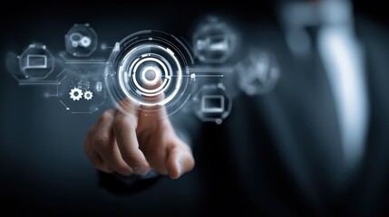 Fototapeta premium Man Touching Digital Interface: Modern Technology, Futuristic Business Concept, Innovation, and Connectivity