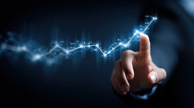 Growth Chart Activation: Businessman Touching an Ascending Graph with Digital Effects for Business and Investment Growth
