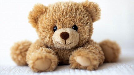 Fototapeta premium Adorable teddy bear sitting, soft focus, white background