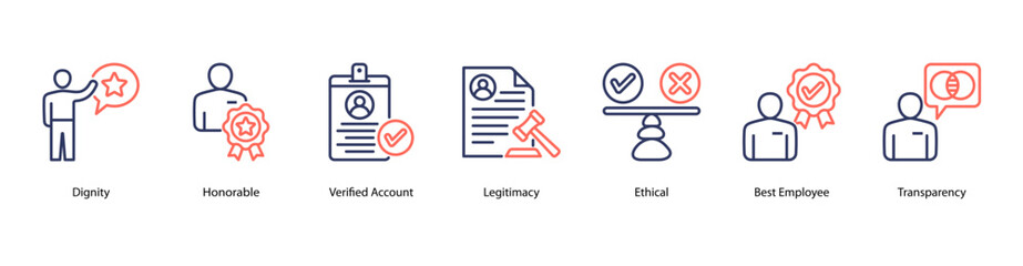 Ethical Traits web banner icon vector illustration featuring Dignity, Honorable, Verified Account, Legitimacy, Ethical, Best Employee, and Transparency.