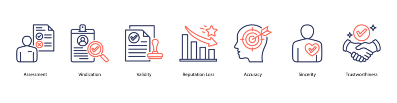 Truth and Review web banner icon vector illustration featuring Assessment, Vindication, Validity, Reputation Loss, Accuracy, Sincerity, and Trustworthiness.