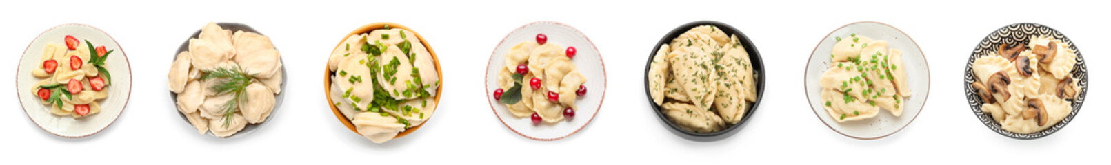 Collage of tasty dumplings on white background, top view