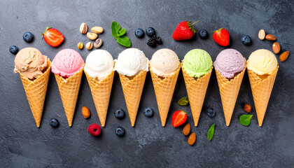 Colorful Ice Cream Scoops in Waffle Cones with Fruit and Nut Toppings on Dark Stone Background