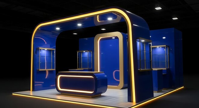 Modern Blue and Gold Exhibition Booth with Illuminated Architectural Design