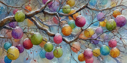 ÁRVORE DE NATAL ENCANTADA COM ORNAMENTOS BRILHANTES E NEVE