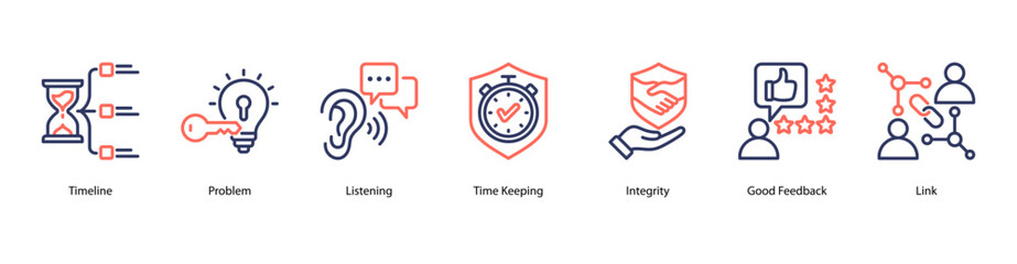 Support and Resolution web banner icon vector illustration featuring Timeline, Problem, Listening, Time Keeping, Integrity, Good Feedback, and Link.