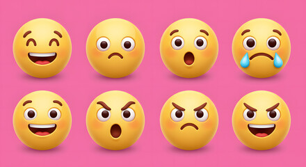Fototapeta premium A vibrant collection of expressive 3D yellow emoticons displaying a spectrum of feelings for digital chat.