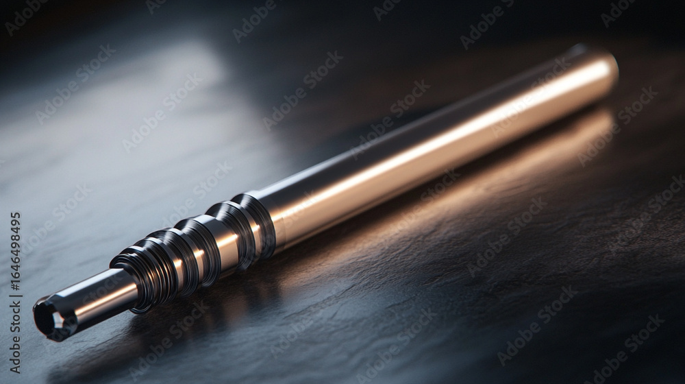 Poster sleek metallic object with intricate segmented design rests on dark surface showcasing its reflectiv