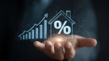 A hand presents a holographic projection of a house with a central percentage sign, accompanied by digital trails forming upward arrows and increasing bar segments, symbolizing the upward trajectory o