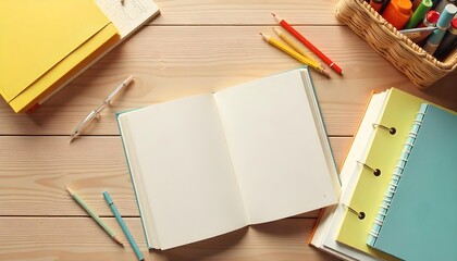 A basket containing a book, pencils, and a notebook on a wooden table, symbolizing International Literacy Day and education