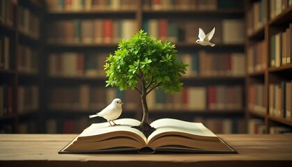 A book with a tree and dove design sits on a table in a library, emphasizing literacy and education on International Literacy Day