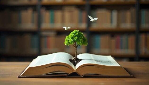 A book featuring a tree and dove, surrounded by other books on a table in a library, celebrating International Literacy Day