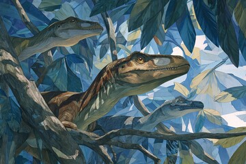 DINOSSAUROS EM COPA DE ÁRVORE, PERSPECTIVA DE BAIXO ÂNGULO