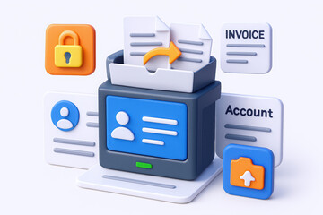 Colorful 3D illustration of a document storage system with invoices and security features.