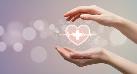 Hands protecting a glowing digital heart icon with medical cross and ECG, symbolizing health, care, and wellness