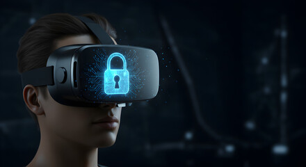 Virtual Reality Security: Man in VR Headset with Digital Padlock for Data Protection & Privacy