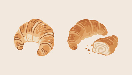 Two delicious cartoon croissants, one whole and one broken in half to show the flaky layers, representing French bakery and breakfast food in a simple doodle illustration.