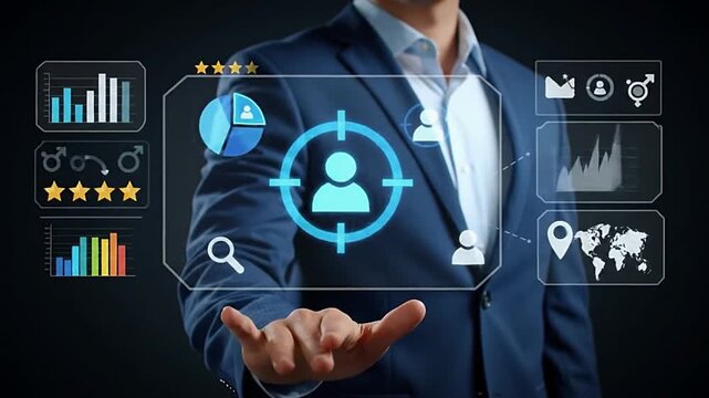 Customer big data analysis and marketing strategy. Targeted customer profiling and behavioral analysis. Analyst using laptop computer to analyze customer data