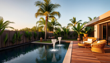 Fototapeta premium Modern tropical backyard with a rectangular reflective pool fountain, palm trees, wooden deck, rattan furniture, golden hour lighting 2