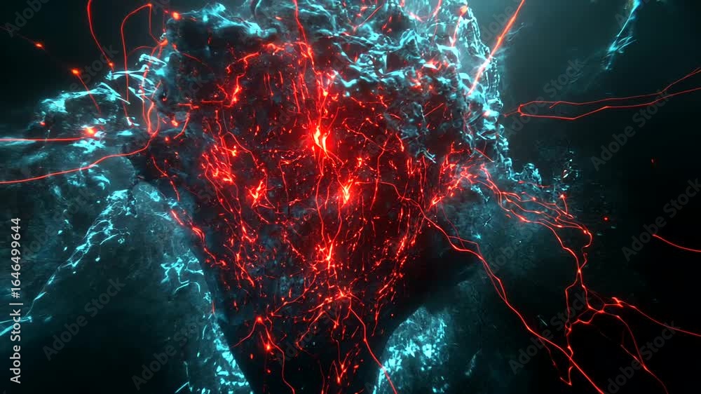 Poster abstract energy core with red veins and blue glowing matter animation loop