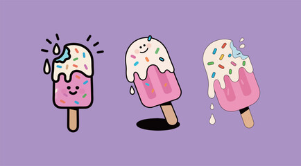A set of three pink cartoon popsicles with sprinkles and frosting, some with a bite taken out, in a playful doodle illustration, representing summer and sweet desserts.