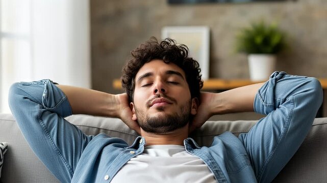 A young man, lying comfortably on a light grey sofa with his hands clasped behind his head - Powered by Adobe