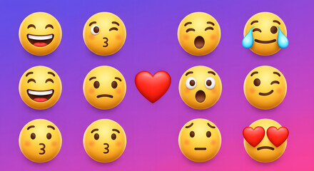 A collection of 3D yellow smiley face icons expressing various feelings and reactions for digital communication, with a central red heart symbol.