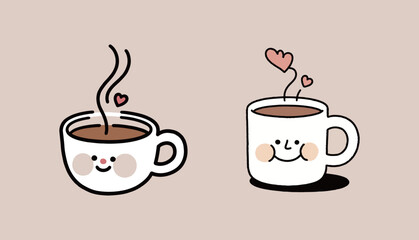 A set of two cute cartoon coffee cups with happy faces and hearts, representing morning coffee, love, and comfort in a simple doodle style on a pastel background.