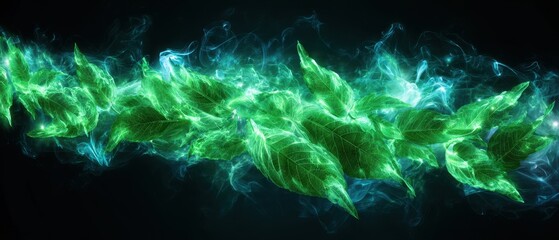 A digital abstract representation of swirling green leaves with a luminous effect against a dark background.