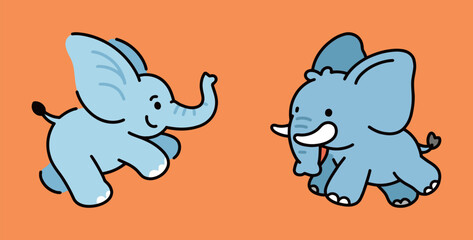 Two cute cartoon elephants with big ears and tusks, in a playful doodle illustration on an orange background, representing wildlife, animals, and strength.