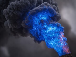 A dramatic eruption of colorful smoke, blending shades of blue and black, creates a striking visual contrast against a dark background.
