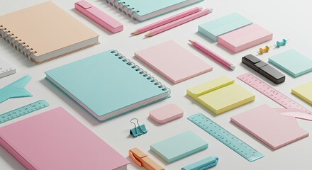 Pastel stationery set on white background