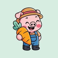 Cute Pig Farmer Holding Carrot – Adorable Cartoon Character Illustration