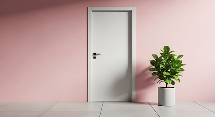 A minimalist interior featuring a white door, pink wall, and green potted plant