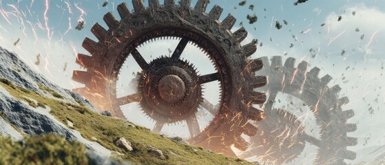 Gears rolling down a hillside, creating a dynamic scene of movement and energy against a clear sky.