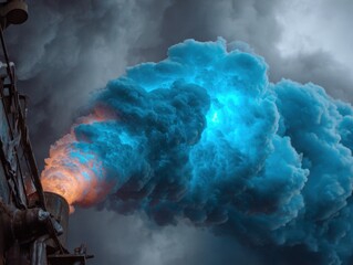 Vibrant smoke billows from a pipe against a dramatic cloudy sky, showcasing a mix of blue and orange hues.