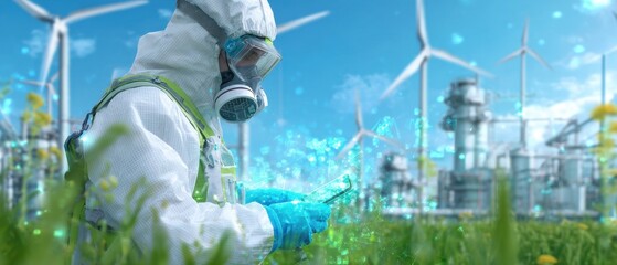 A person in protective gear works in a field near wind turbines and industrial structures, highlighting themes of safety and environmental focus.