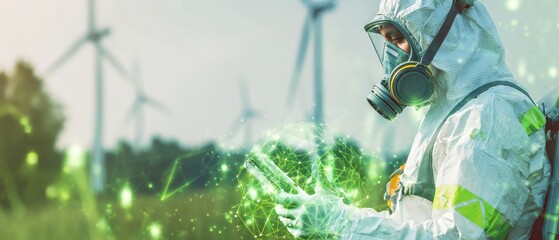 A person in a protective suit examines data in a field with wind turbines in the background, symbolizing environmental monitoring and technology.