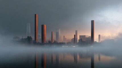 A misty city skyline reflecting on calm waters at dusk, showcasing tall buildings emerging through fog.