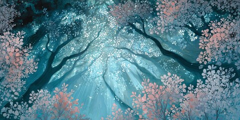 DOSSEL ENCANTADO: PERSPECTIVA DE BAIXO PARA CIMA DE FLORESTA MÁGICA