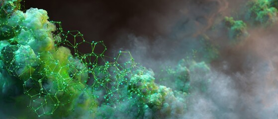 Abstract depiction of colorful molecular structures with organic forms and textures.