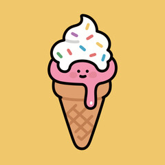A cute cartoon ice cream cone with melting pink ice cream and colorful sprinkles, in a simple doodle style illustration, representing summer and sweet desserts.