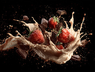 Strawberries Chocolate Cream Splash Dessert Liquid Fruit Delicious Healthy Closeup Ingredients Fresh Tasty Cocoa Sweet Summer Syrup Berry Milk 