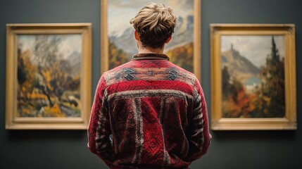 Man views three landscape paintings in a gallery or museum setting.