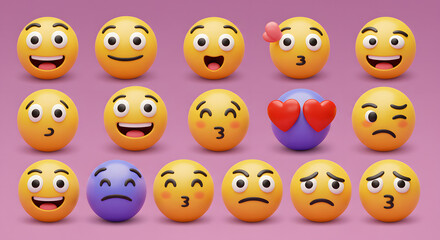 Fototapeta premium Vibrant collection of 3D emoji icons showcasing a wide range of facial expressions and feelings for digital communication