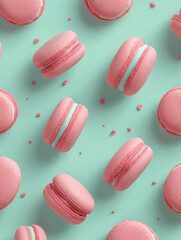 Fototapeta premium Macarons Pink Dessert Pastel Food Sweet Pastry Confection Bakery French Mint Color Flatlay Tasty Round Cream Sugar Treat Gourmet Delicious Snack 