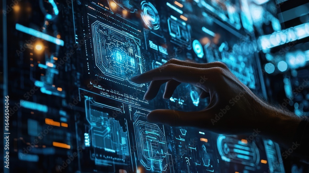 Poster a hand interacts with a futuristic digital interface, featuring glowing blue and orange lights and i