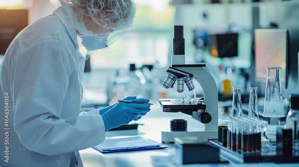 Aufkleber scientist in lab coat and gloves examining sample under microscope in a well-lit laboratory setting 