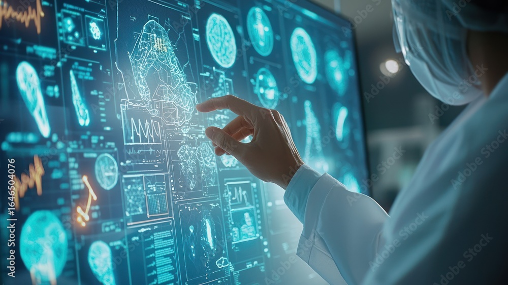 Aufkleber a scientist in a lab coat interacts with a large, futuristic digital screen displaying brain scans a